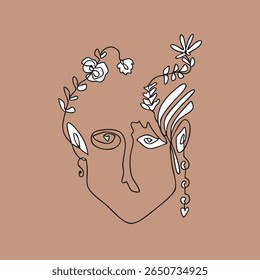 Abstract Line Art Woman with Floral Crown