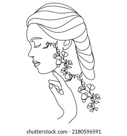 Abstract line art woman with flowers. Minimal artistic female portrait. Modern minimal black and white botanical illustration. Face. Head. Plants