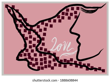 Abstract line art of woman with Geometric patterns wall art. Rose and fuchsia color of wall decorations. Minimalist home decorations vector Ilustration. Valentine's day background.