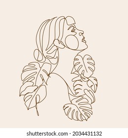 Abstract line art woman with Monstera contour drawing. Minimal art leaves on female head. Modern minimal black and white botanical illustration. Plant head face