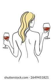 Arte de linha abstrata da mulher com dois copos de vinho - Silhueta de vista traseira minimalista para uso de logotipo e tatuagem