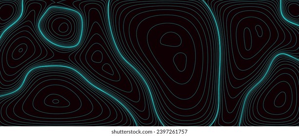 Resumen del fondo de la línea. Concepto de mapa topográfico negro. Patrón de contorno del terreno azul neón. Papel de fondo de la plantilla de diseño geográfico lineal para afiches, banner, impresión, folleto. Ilustración del vector