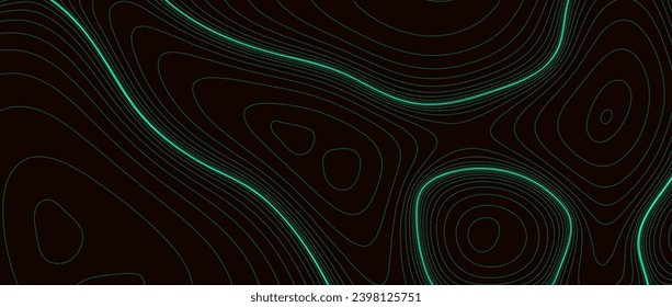 Abstract line background. Black topographic contour map concept. Neon green terrain outline pattern. Linear geographic design template wallpaper for poster, banner, print, leaflet. Vector illustration