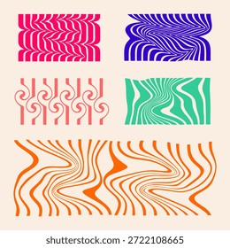 Fondo de línea Abstractas con ondas de colores. Ilustración de patrón ondulado en estilo retro años 60, 70.  Ondas, remolino, patrón de giro. Textura retorcida y distorsionada en estilo retro de moda. Y2k.