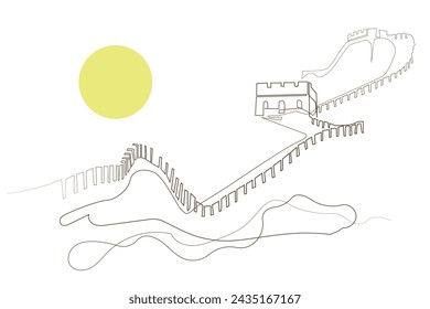 abstract line background of the Great Wall of China. Holiday background with elements of the Great Wall of China drawn in one line. Line art of the Great Wall of China for holidays, posters and others