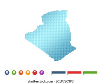 Resumen línea azul mapa de Argelia con marcas de puntero para infografía.