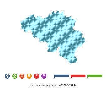 Resumen de línea azul Bélgica mapa con marcas de puntero para infografía.