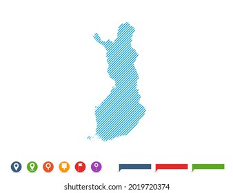 Mapa de Finlandia azul de línea abstracta con marcas de puntero para infografía.