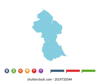 Abstract line blue Guyana map with pointer marks for infographic.