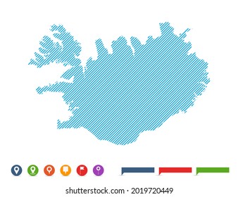 Abstract line blue Iceland map with pointer marks for infographic.