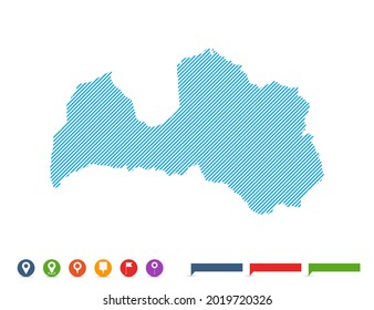 Abstract line blue Latvia map with pointer marks for infographic.