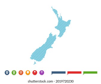 Abstract line blue New Zealand map with pointer marks for infographic.