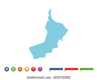 Abstract line blue Oman map with pointer marks for infographic.