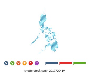 Resumen de línea azul de Filipinas mapa con marcas de puntero para infografía.