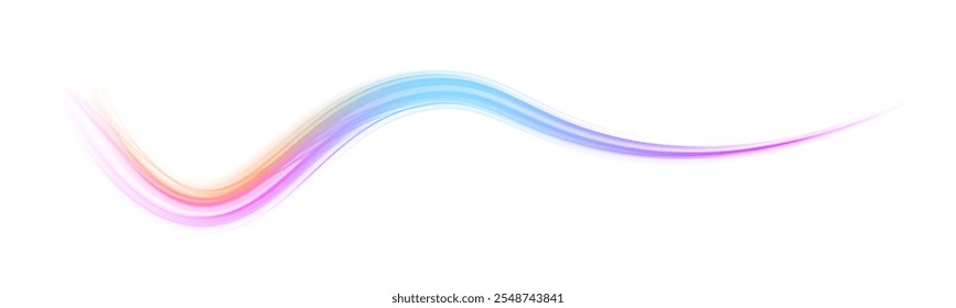 Abstract line in blue and purple neon colors on transparent background PNG. Glow luminous glitter shimmer trail.	