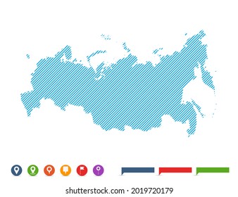 Resumen de línea azul Rusia mapa con marcas de puntero para infografía.