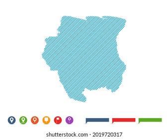 Mapa de Surinam azul de línea abstracta con marcas de puntero para infografía.