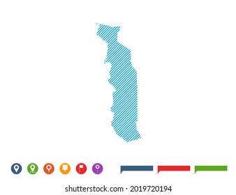 Resumen línea azul mapa de Togo con marcas de puntero para infografía.