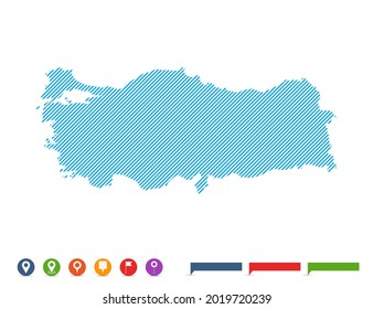 Resumen de línea azul Turquía mapa con marcas de puntero para infografía.