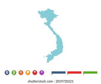 Abstract line blue Vietnam map with pointer marks for infographic.