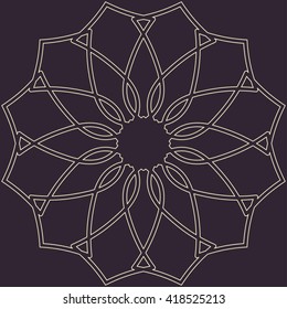 Abstract line border frame background with delicate golden lace contour doily isolated on dark background. Space for invitations, promotional poster or greeting cards text. Vector illustration eps