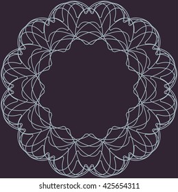 Abstract line border frame with delicate lace contour doily isolated on dark background. Space for invitations, promotional poster or greeting cards text. Vector illustration eps