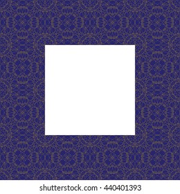 Abstract line border frame with delicate golden lace contour isolated on blue background. Space for invitations, promotional poster or greeting cards text. Vector illustration eps