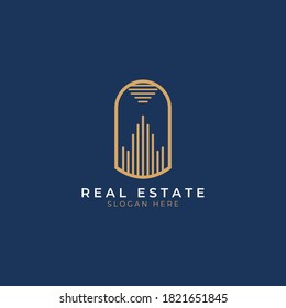 Resumen del logo de la construcción de líneas. Usable para logotipos inmobiliarios, inmobiliarios e hipotecarios. Diseño vectorial de logotipo plano