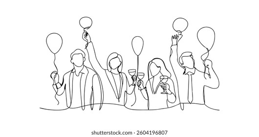 Abstract Line Cheers: United Corporate Achievement. 
Modern lines show a group cheering, abstract unity in corporate achievement.