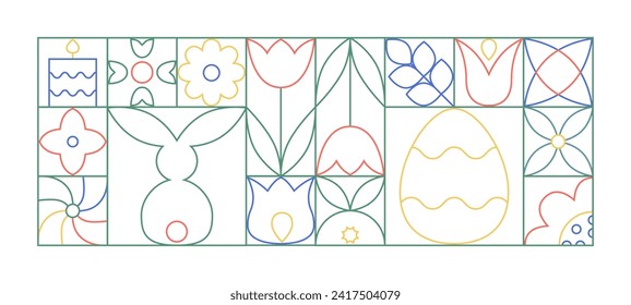 Abstract line colorfull easter geometric banner. Simple blocks with easter bunny, egg, candle, tulip, plants.