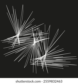 Abstract line composition. White geometric strokes. Chaotic linear art. Dark black background.