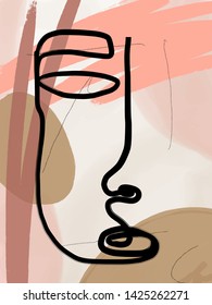 Abstract line continuous face. Contemporary drawing in modern cubism style. Portrait of a woman face isolated on colorful pastel textures with shapes.  