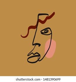 Abstract line continuous face. Contemporary drawing in modern cubism style. Portrait of a woman face isolated on colorful pastel textures with shapes. 