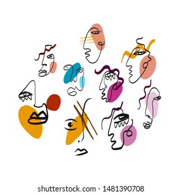 Abstract line continuous face. Contemporary drawing in modern cubism style. Portrait of a woman face isolated on colorful pastel textures with shapes. 