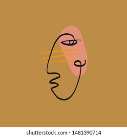 Abstract line continuous face. Contemporary drawing in modern cubism style. Portrait of a woman face isolated on colorful pastel textures with shapes. 