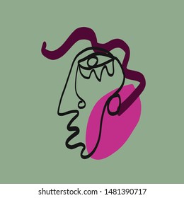 Abstract line continuous face. Contemporary drawing in modern cubism style. Portrait of a woman face isolated on colorful pastel textures with shapes. 