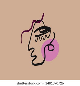 Abstract line continuous face. Contemporary drawing in modern cubism style. Portrait of a woman face isolated on colorful pastel textures with shapes. 