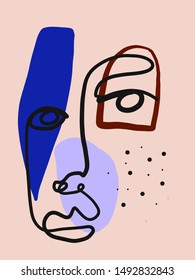 Abstract line continuous face. Contemporary composition in modern cubism style. Portrait of a woman face isolated on colorful pastel textures with shapes.