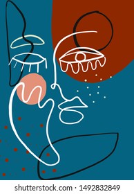 Abstract line continuous face. Contemporary composition in modern cubism style. Portrait of a woman face isolated on colorful pastel textures with shapes.