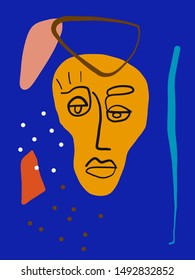 Abstract line continuous face. Contemporary composition in modern cubism style. Portrait of a woman face isolated on colorful pastel textures with shapes.