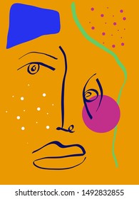 Abstract line continuous face. Contemporary composition in modern cubism style. Portrait of a woman face isolated on colorful pastel textures with shapes.