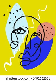 Abstract line continuous face. Contemporary composition in modern cubism style. Portrait of a woman face isolated on colorful pastel textures with shapes.