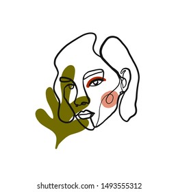 Abstract line continuous face. Contemporary composition in modern cubism style. Portrait of a woman face isolated on colorful pastel textures with shapes.