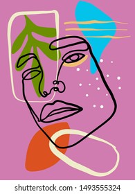 Abstract line continuous face. Contemporary composition in modern cubism style. Portrait of a woman face isolated on colorful pastel textures with shapes.