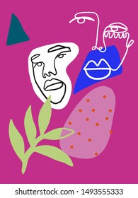 Abstract line continuous face. Contemporary composition in modern cubism style. Portrait of a woman face isolated on colorful pastel textures with shapes.