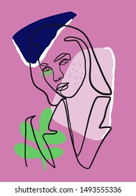 Abstract line continuous face. Contemporary composition in modern cubism style. Portrait of a woman face isolated on colorful pastel textures with shapes.