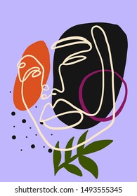 Abstract line continuous face. Contemporary composition in modern cubism style. Portrait of a woman face isolated on colorful pastel textures with shapes.