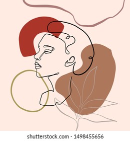 Abstract line continuous face. Contemporary drawing in modern minimalism style. Portrait of a woman face isolated on colorful pastel textures with shapes.