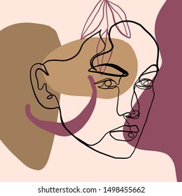 Abstract line continuous face. Contemporary drawing in modern minimalism style. Portrait of a woman face isolated on colorful pastel textures with shapes.