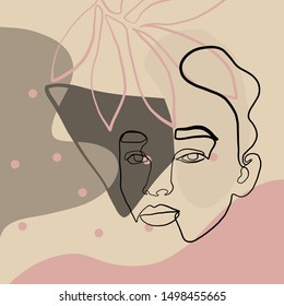 Abstract line continuous face. Contemporary drawing in modern minimalism style. Portrait of a woman face isolated on colorful pastel textures with shapes.